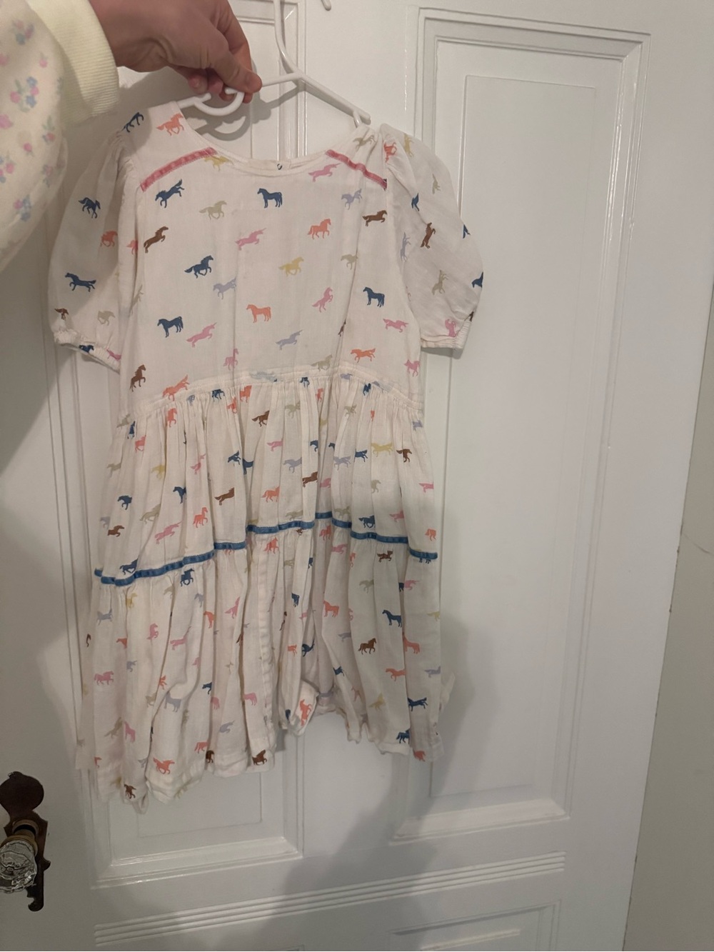 Pink Chicken White Tiered Dress with Multicolor Horse Print